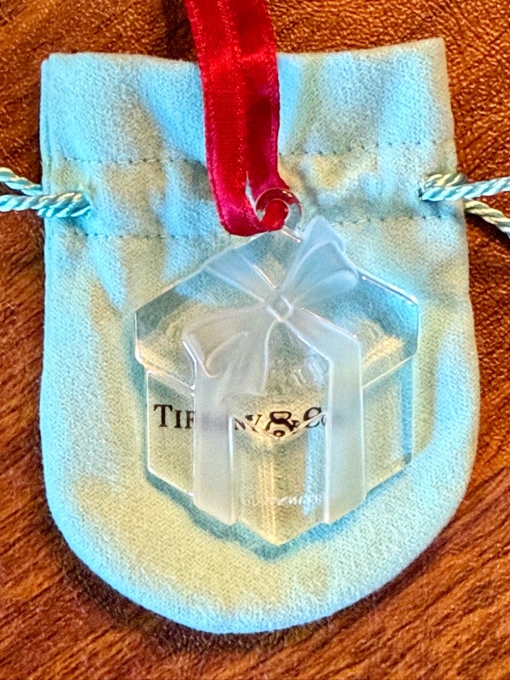 Tiffany & Co. Clear Crystal box Ornament with Red Ribbon
